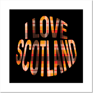 I LOVE SCOTLAND Red, Black and Yellow Tartan Colour Typography Design Posters and Art